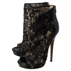 Pre Owned Jimmy Choo Black Lace And Patent Leather Bow Peep Toe Platform Booties Size 39