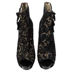 Pre Owned Jimmy Choo Black Lace And Patent Leather Bow Peep Toe Platform Booties Size 39