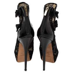 Pre Owned Jimmy Choo Black Lace And Patent Leather Bow Peep Toe Platform Booties Size 39
