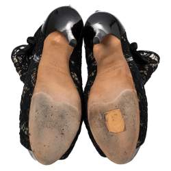 Pre Owned Jimmy Choo Black Lace And Patent Leather Bow Peep Toe Platform Booties Size 39