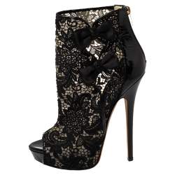 Pre Owned Jimmy Choo Black Lace And Patent Leather Bow Peep Toe Platform Booties Size 39