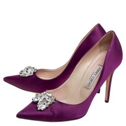 Pre Owned Jimmy Choo Exclusive Collection Purple Satin Manda Crystal Embellished Pointed Toe Pumps Size 39