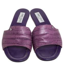 Pre Owned حذاء سلايدز جيمي تشو فلات نادا جلد نقش تمساح أرجواني مقاس 38.5