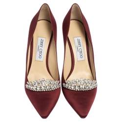 Pre Owned Jimmy Choo Burgundy Satin Crystal Embellished Romy Pointed Toe Pumps Size 38.5