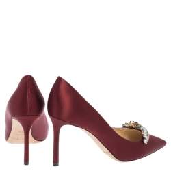 Pre Owned Jimmy Choo Burgundy Satin Crystal Embellished Romy Pointed Toe Pumps Size 38.5