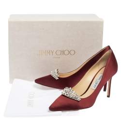 Pre Owned Jimmy Choo Burgundy Satin Crystal Embellished Romy Pointed Toe Pumps Size 38.5