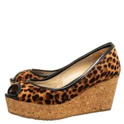 Pre Owned Jimmy Choo Leopard Print Calf Hair And Patent Leather Papina Peep Toe Wedge Pumps Size 38
