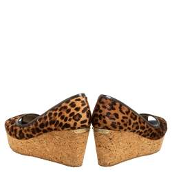 Pre Owned Jimmy Choo Leopard Print Calf Hair And Patent Leather Papina Peep Toe Wedge Pumps Size 38