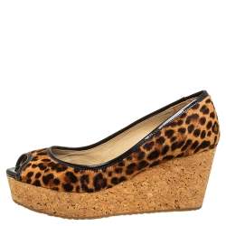 Pre Owned Jimmy Choo Leopard Print Calf Hair And Patent Leather Papina Peep Toe Wedge Pumps Size 38