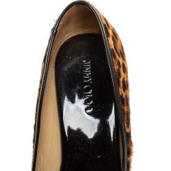 Pre Owned Jimmy Choo Leopard Print Calf Hair And Patent Leather Papina Peep Toe Wedge Pumps Size 38
