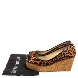 Pre Owned Jimmy Choo Leopard Print Calf Hair And Patent Leather Papina Peep Toe Wedge Pumps Size 38