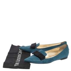 Pre Owned Jimmy Choo Blue Snake Embossed Leather Gala Bow Ballet Flats Size 37