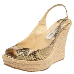 Jimmy Choo Beige/Brown Python Polar Espadrille Wedge Slingback Sandals Size 41.5