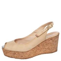 Pre Owned Jimmy Choo Nude Beige Patent Leather Cork Platform Wedge Sandals Size 37.5