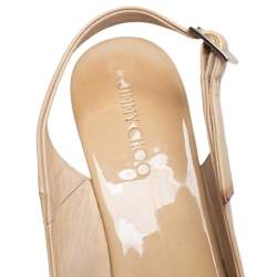 Pre Owned Jimmy Choo Nude Beige Patent Leather Cork Platform Wedge Sandals Size 37.5