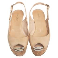 Pre Owned Jimmy Choo Nude Beige Patent Leather Cork Platform Wedge Sandals Size 37.5