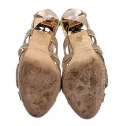 Pre Owned Jimmy Choo Gold Glitter And Leather Lance Strappy Sandals Size 35.5