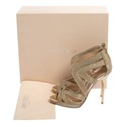 Pre Owned Jimmy Choo Gold Glitter And Leather Lance Strappy Sandals Size 35.5