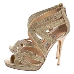 Pre Owned Jimmy Choo Gold Glitter And Leather Lance Strappy Sandals Size 35.5