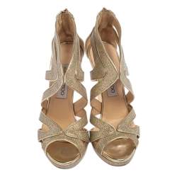 Pre Owned Jimmy Choo Gold Glitter And Leather Lance Strappy Sandals Size 35.5