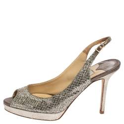 Pre Owned صندل جيمي تشو نوفا قماش غليتر لامع ذهبي ميتاليك مقدمة مفتوحة نعل سميك فتحة كعب مقاس 36