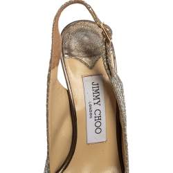 Pre Owned صندل جيمي تشو نوفا قماش غليتر لامع ذهبي ميتاليك مقدمة مفتوحة نعل سميك فتحة كعب مقاس 36