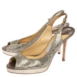 Pre Owned صندل جيمي تشو نوفا قماش غليتر لامع ذهبي ميتاليك مقدمة مفتوحة نعل سميك فتحة كعب مقاس 36
