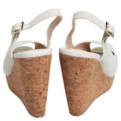 Pre Owned Jimmy Choo White Woven Leather Prova Cork Wedge Sandals Size 37.5