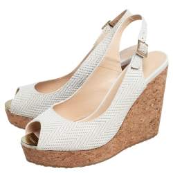 Pre Owned Jimmy Choo White Woven Leather Prova Cork Wedge Sandals Size 37.5