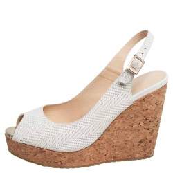 Pre Owned Jimmy Choo White Woven Leather Prova Cork Wedge Sandals Size 37.5