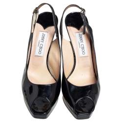 Jimmy Choo Black Patent Leather Crown Peep Toe Platform Slingback Sandals Size 39
