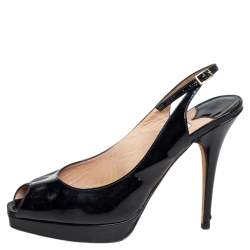 Jimmy Choo Black Patent Leather Crown Peep Toe Platform Slingback Sandals Size 39