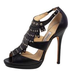 Pre Owned Jimmy Choo Black Leather Studded Mia Platform Sandals Size 36