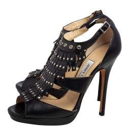 Pre Owned Jimmy Choo Black Leather Studded Mia Platform Sandals Size 36