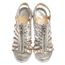 Pre Owned صندل جيمي تشو غلينيس جلد نقشة الثعبان فضي غلادياتور مقاس 36.5