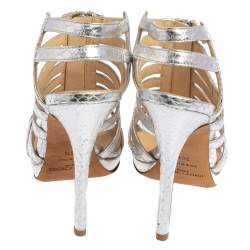 Pre Owned صندل جيمي تشو غلينيس جلد نقشة الثعبان فضي غلادياتور مقاس 36.5