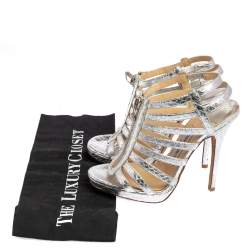 Pre Owned صندل جيمي تشو غلينيس جلد نقشة الثعبان فضي غلادياتور مقاس 36.5