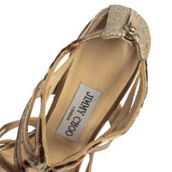 Pre Owned Jimmy Choo Coarse Glitter Leather And Calf Hair Trim Mercury Cage Open Toe Sandals Size 36.5