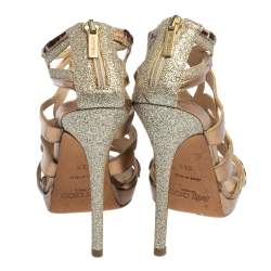 Jimmy Choo Coarse Glitter Leather And Calf Hair Trim Mercury Cage Open Toe Sandals Size 36.5