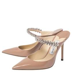 Pre Owned Jimmy Choo Nude Beige Patent Leather Bing Crystal Embellished Mules Size 38.5