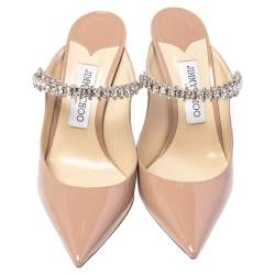 Pre Owned Jimmy Choo Nude Beige Patent Leather Bing Crystal Embellished Mules Size 38.5