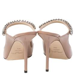 Pre Owned Jimmy Choo Nude Beige Patent Leather Bing Crystal Embellished Mules Size 38.5