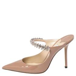 Pre Owned Jimmy Choo Nude Beige Patent Leather Bing Crystal Embellished Mules Size 38.5