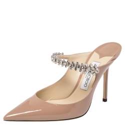 Pre Owned Jimmy Choo Nude Beige Patent Leather Bing Crystal Embellished Mules Size 38.5