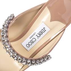 Pre Owned Jimmy Choo Nude Beige Patent Leather Bing Crystal Embellished Mules Size 38.5