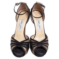 Jimmy Choo Black/Gold Suede And Leather Kalpa Crystal Embellished Ankle Strap Platform Sandals Size 38.5