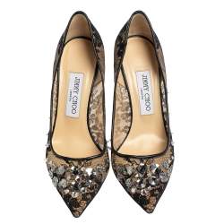 Pre Owned Jimmy Choo Black Lace And Leather Trim Embellished Lyzo Pointed Toe Pumps Size 37