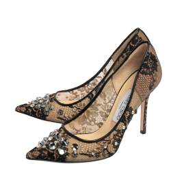 Pre Owned Jimmy Choo Black Lace And Leather Trim Embellished Lyzo Pointed Toe Pumps Size 37