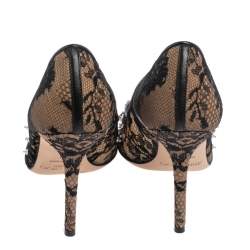 Pre Owned Jimmy Choo Black Lace And Leather Trim Embellished Lyzo Pointed Toe Pumps Size 37