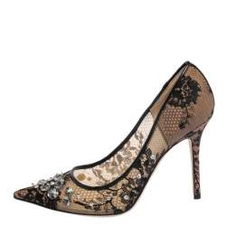 Pre Owned Jimmy Choo Black Lace And Leather Trim Embellished Lyzo Pointed Toe Pumps Size 37